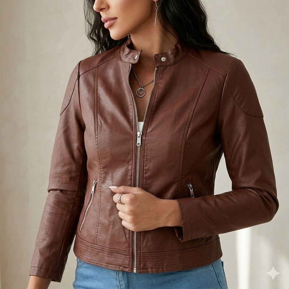 Calvin Klein Brown Leather Jacket Bomber Moto Bikercore Dress Coat Plus Size 1X - Picture 3 of 16